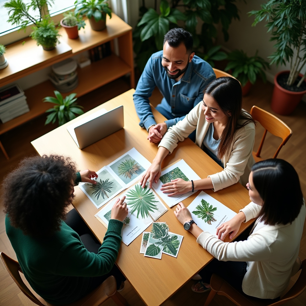 A small team reviewing plant care course materials and photographs of houseplants at a shared table