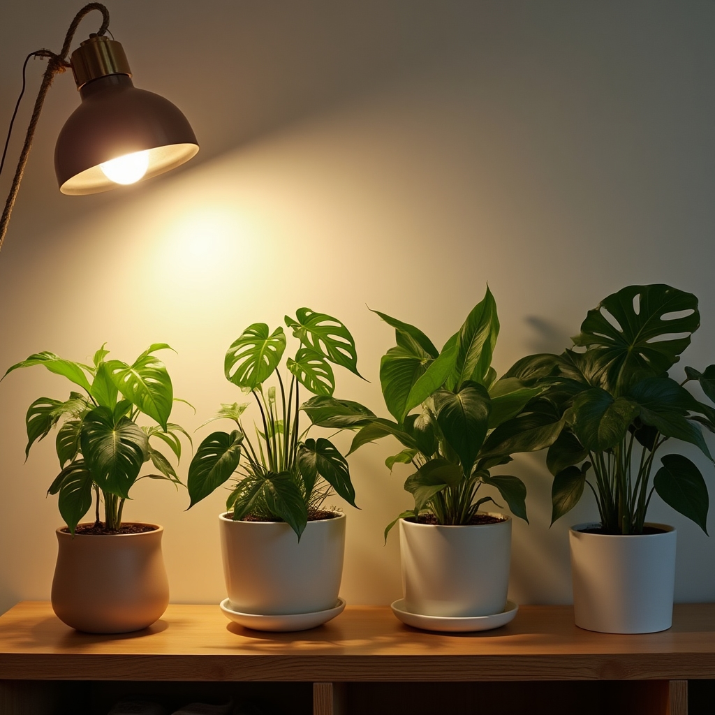 A shaded apartment living room shelf displaying several low-light tolerant houseplants