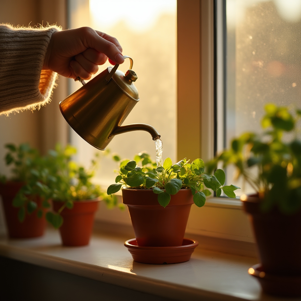 A hand holding a small watering can above a potted plant on a windowsill