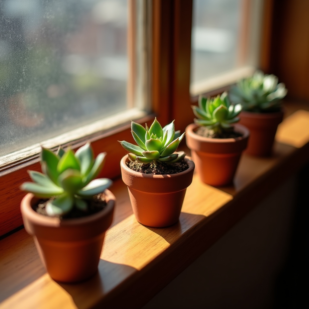 Small succulents lined along a sunny apartment windowsill in matching terracotta pots